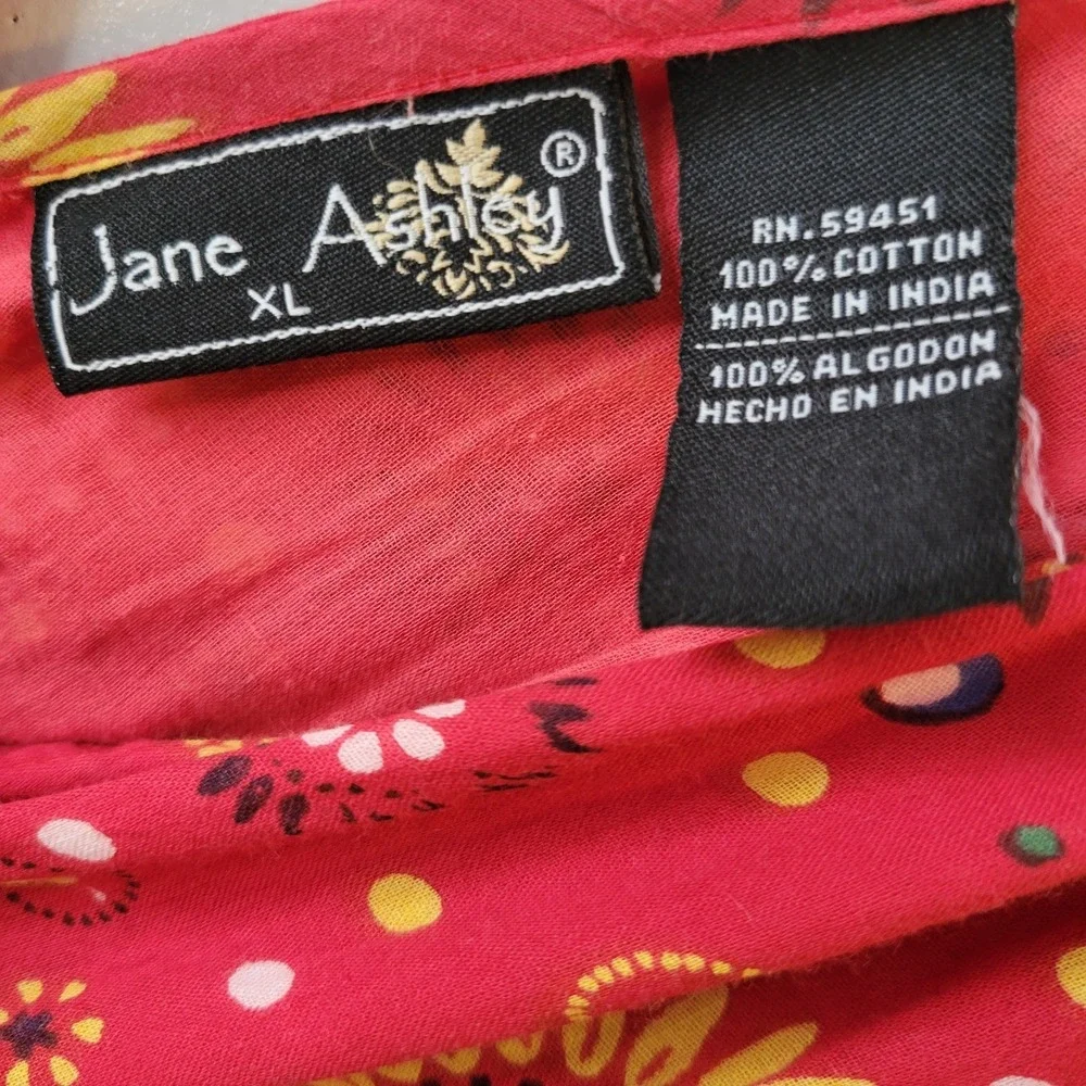 Jane Ashley Red Patchwork Floral Cotton Smocked Midi Dress XL Boho V-Neck - Picture 6 of 12
